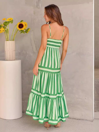 Marisol | Women's Striped Maxi Dress with Straps and Pockets