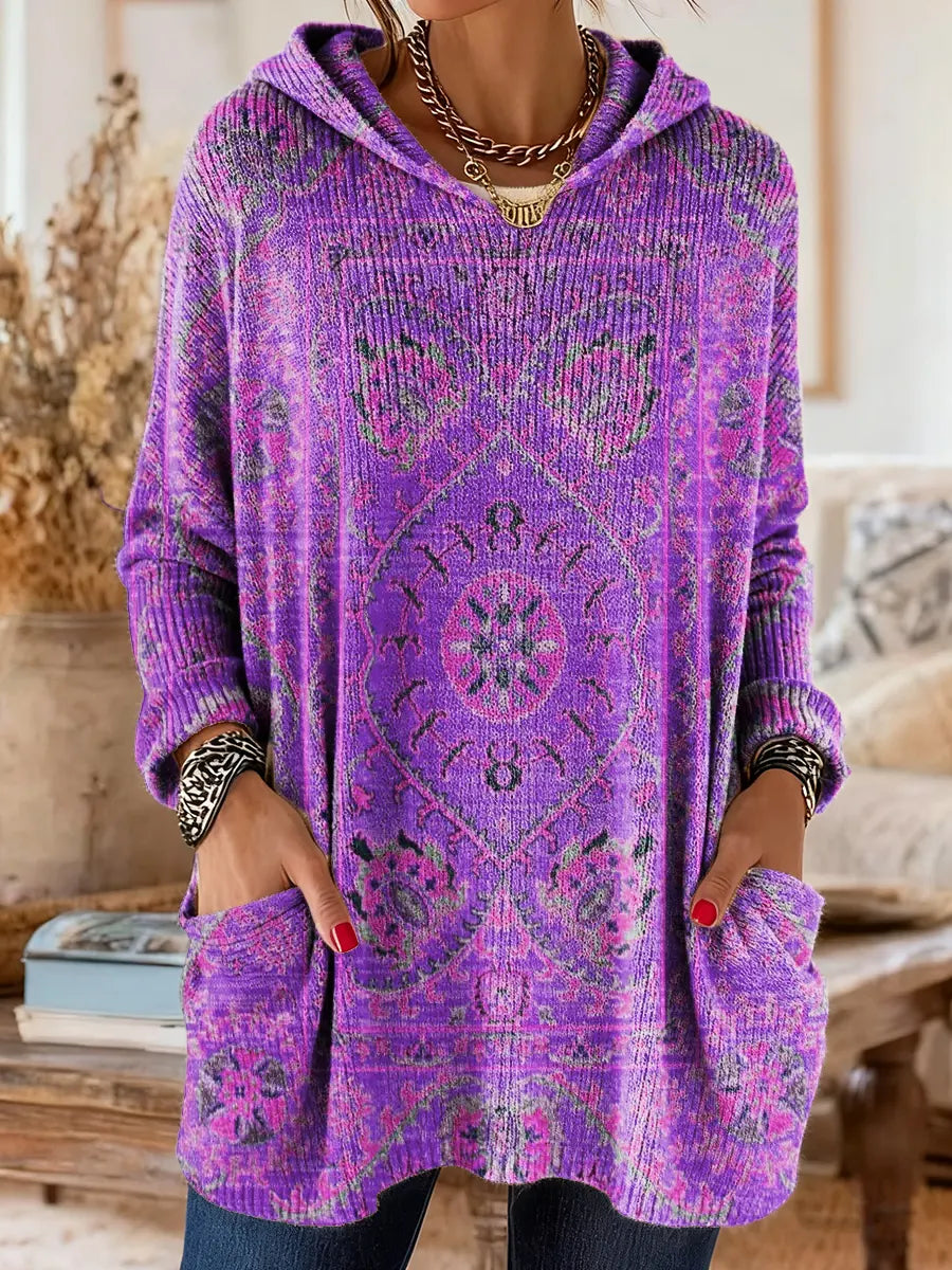 Women's Vintage-Inspired Hooded Tunic with Pockets and Ethnic Print