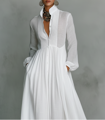 Elisa | Women's and Maxi Dress with Patchwork, High Neck, and Long Sleeves, Minimalist Style