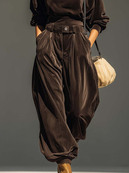 Women's Retro Brown Hoodie and Relaxed Trousers Set (Belt Included) with Pockets