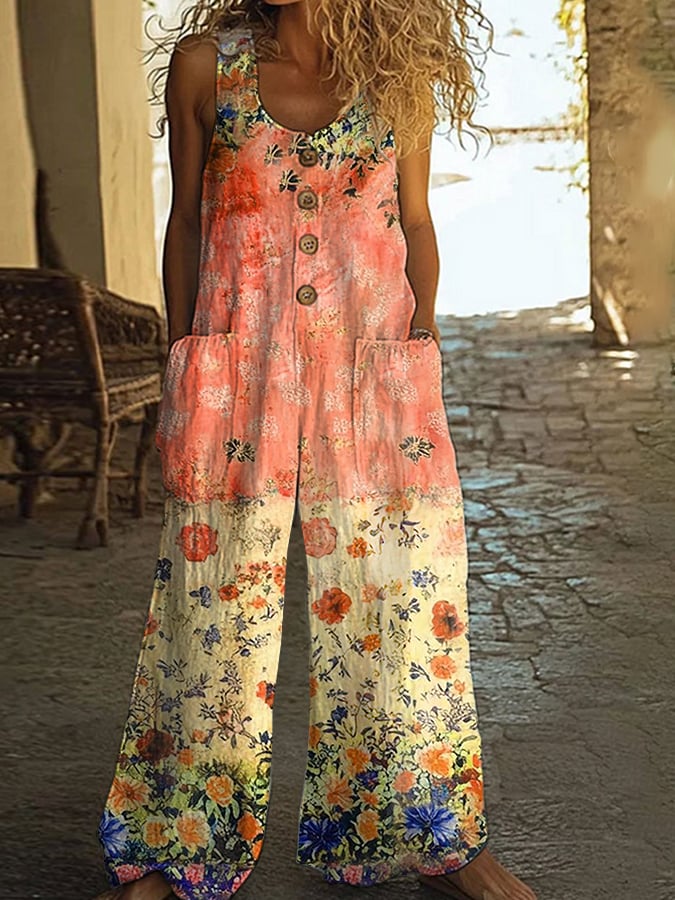 Hilary | Women's Relaxed Chic Vintage Loose Floral Jumpsuit with Pockets