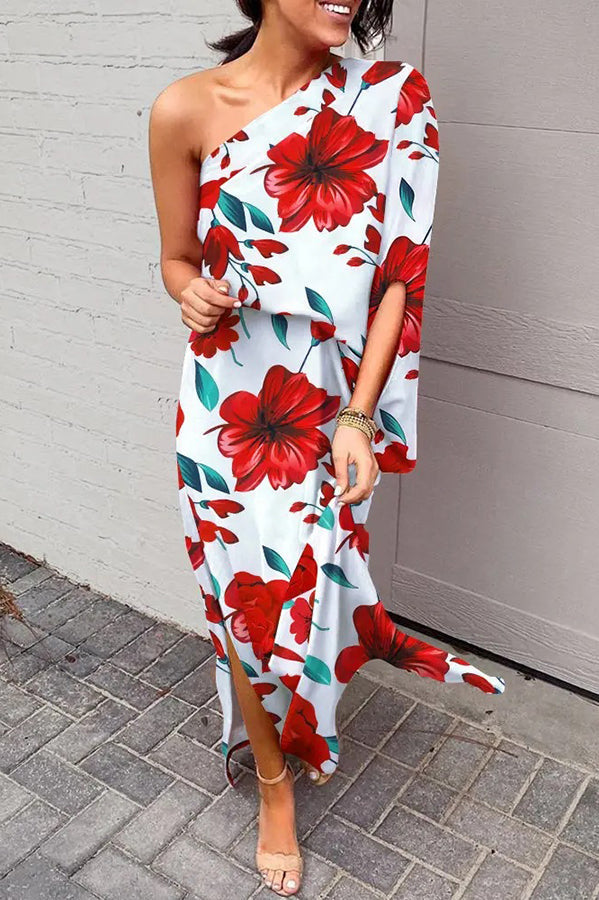 Women's Rosie One-Shoulder Maxi Dress with Printed Design and Split Hem