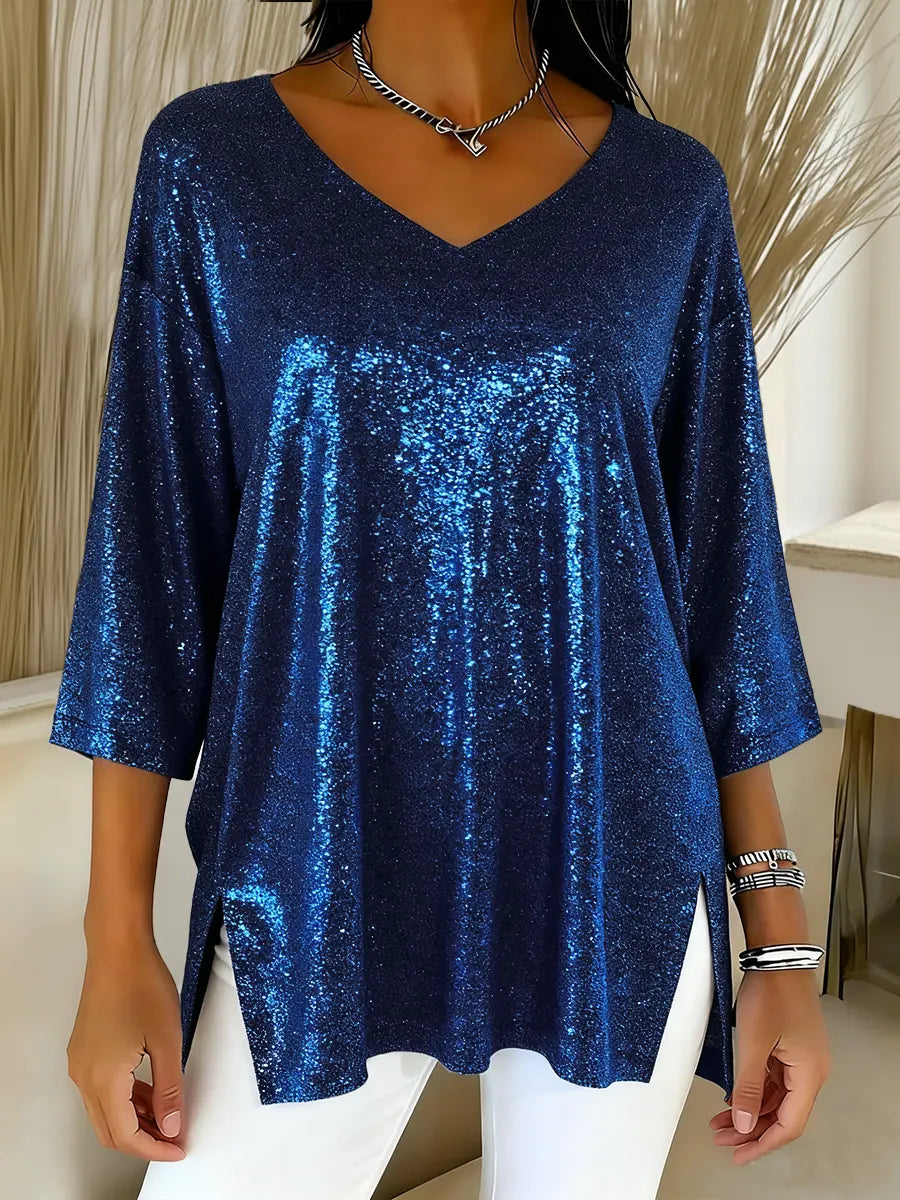 Elina | Women's Shiny V-Neck Christmas Top with Pockets