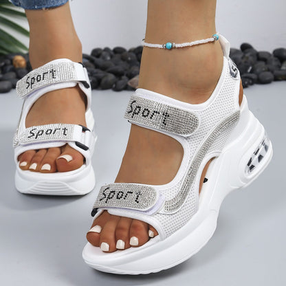 Cushioned Open-Toe Chic Women's Orthopedic Platform Sandals Adorned with Crystals