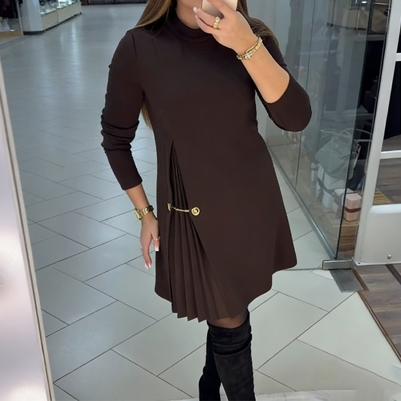 Women's Stylish Long-Sleeve Midi Dress with Pleated Details