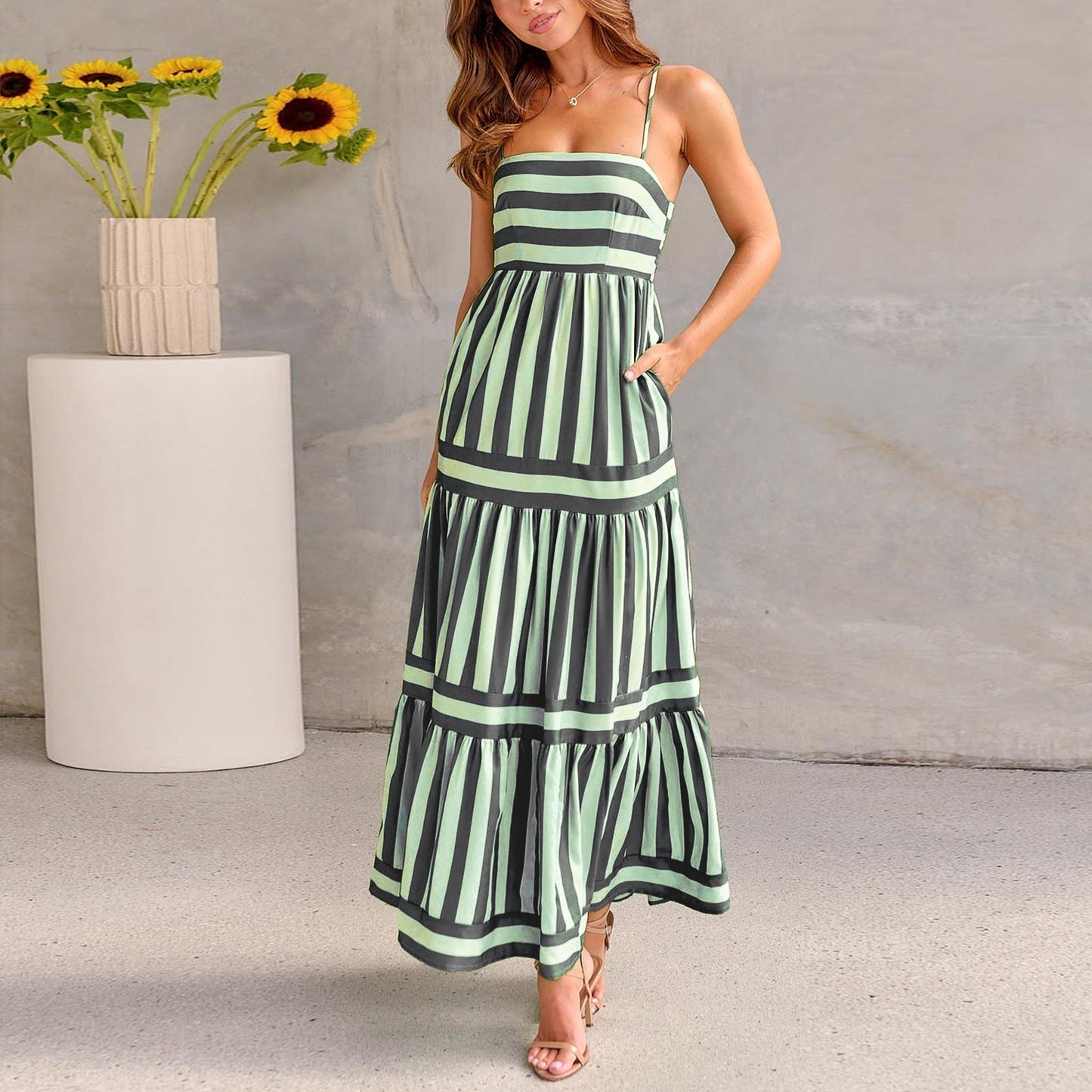 Marisol | Women's Striped Maxi Dress with Straps and Pockets