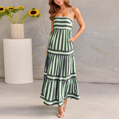 Marisol | Women's Striped Maxi Dress with Straps and Pockets