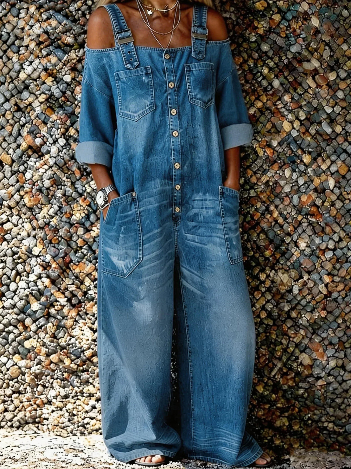 Bo | Women's Denim Overall Jumpsuit with Shoulder Straps and Pockets