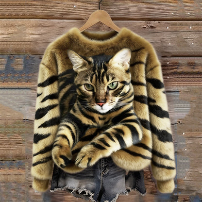 Women's Snug Plush Sweatshirt Featuring a Tiger and Tabby Kitten Design