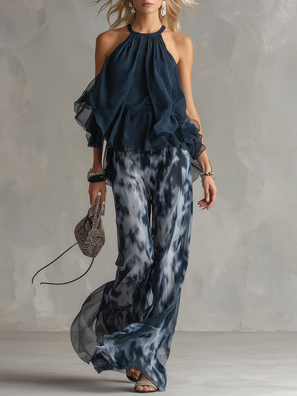 Ludovica | Women's Longline Chic Ensemble with High-Neck Blouse and Flowing Printed Trousers