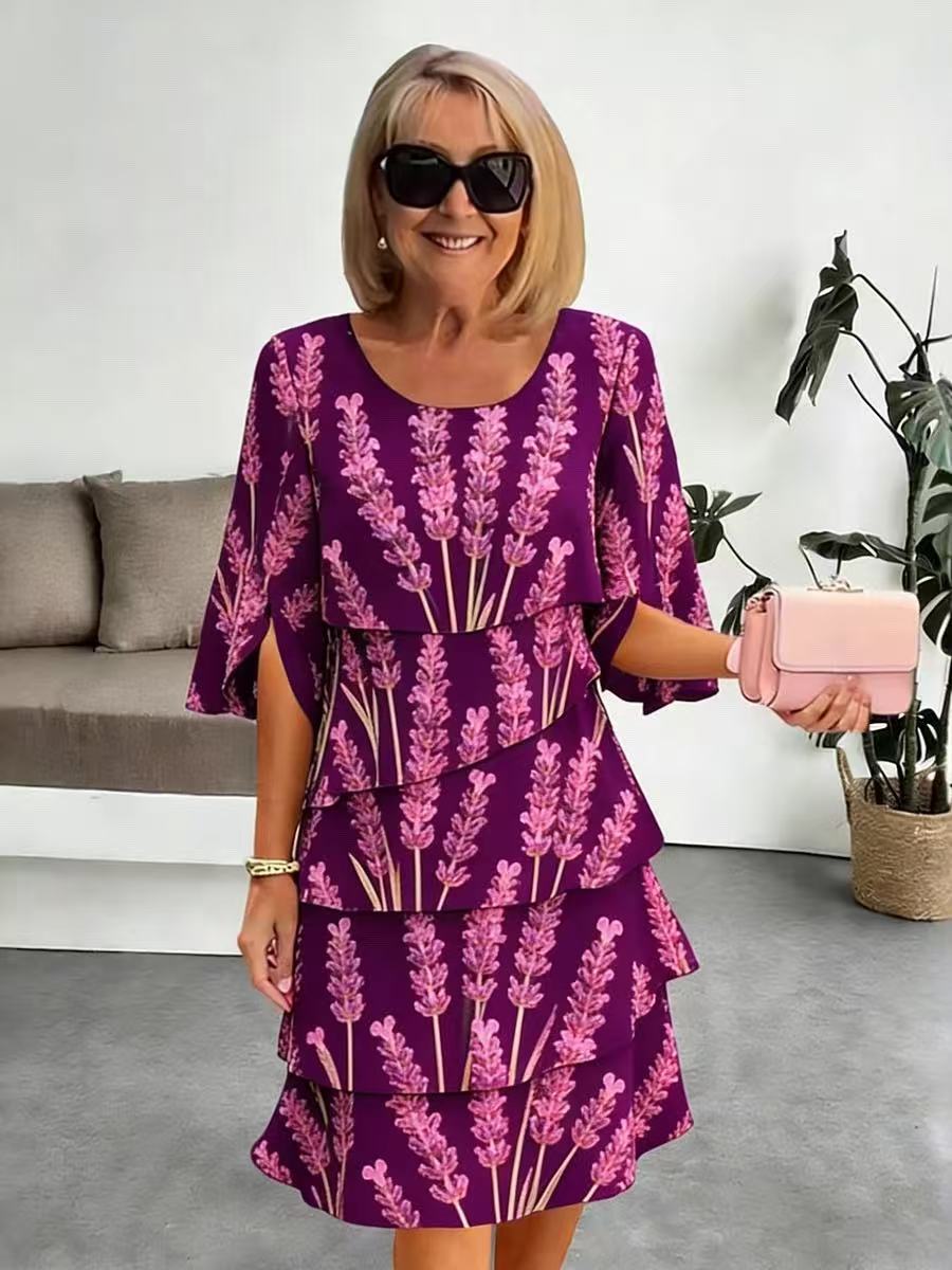 Elyvane | Women's Floral Ruffled Midi Dress with Mid-Length and Split Sleeves