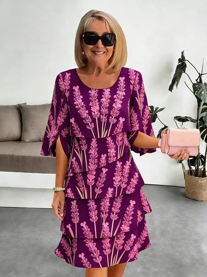 Elyvane | Women's Floral Ruffled Midi Dress with Mid-Length and Split Sleeves