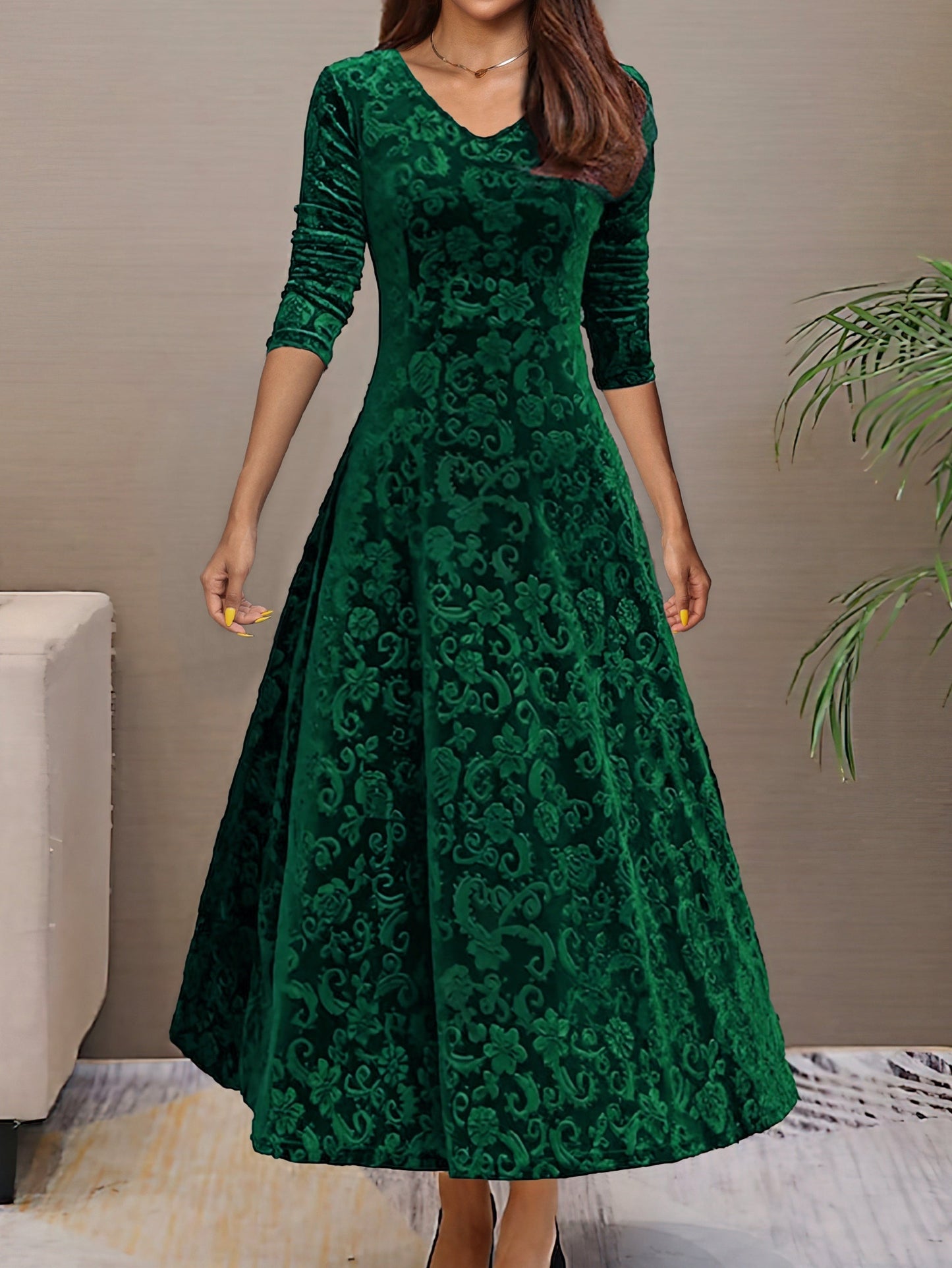 Nancy | Women's Luxe Holiday Midi Dress with V-Neck and Long Sleeve