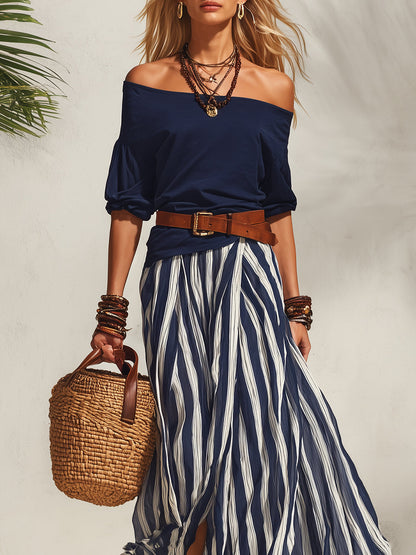 Women's Navy Blue Off-the-Shoulder Nautical Top with Striped Slit Skirt Set