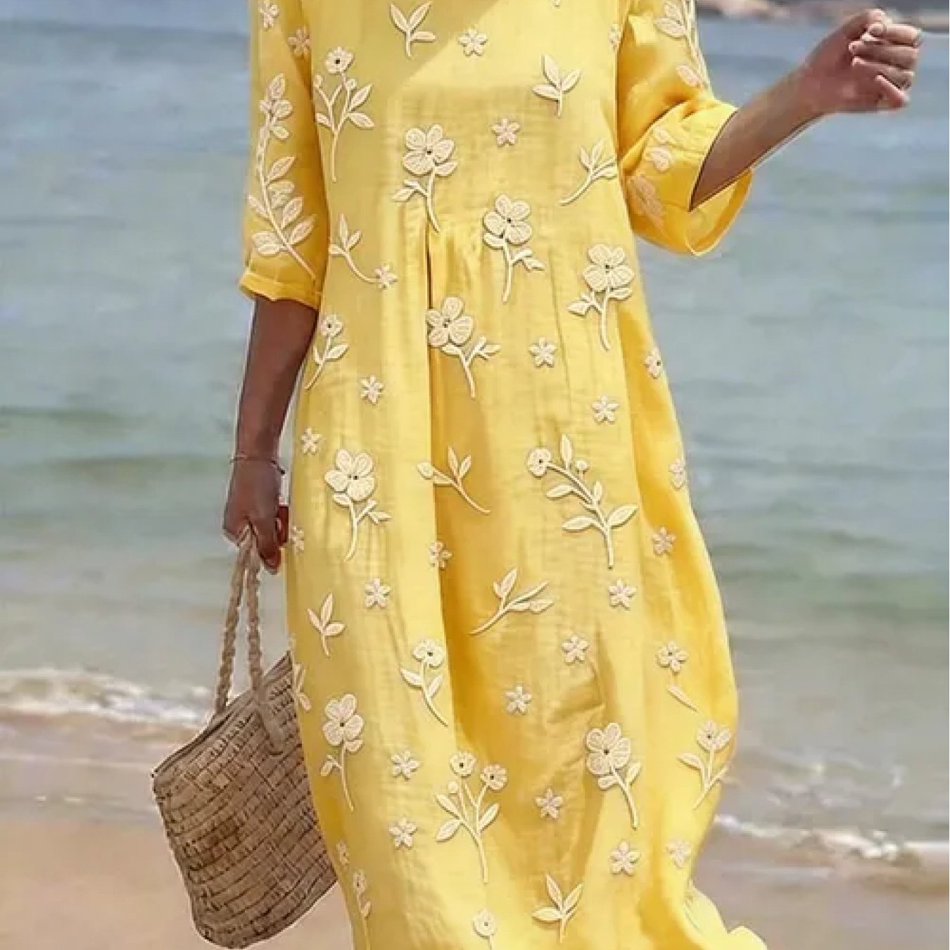 Sophie | Women's Embroidered Mid-Sleeve Midi Dress