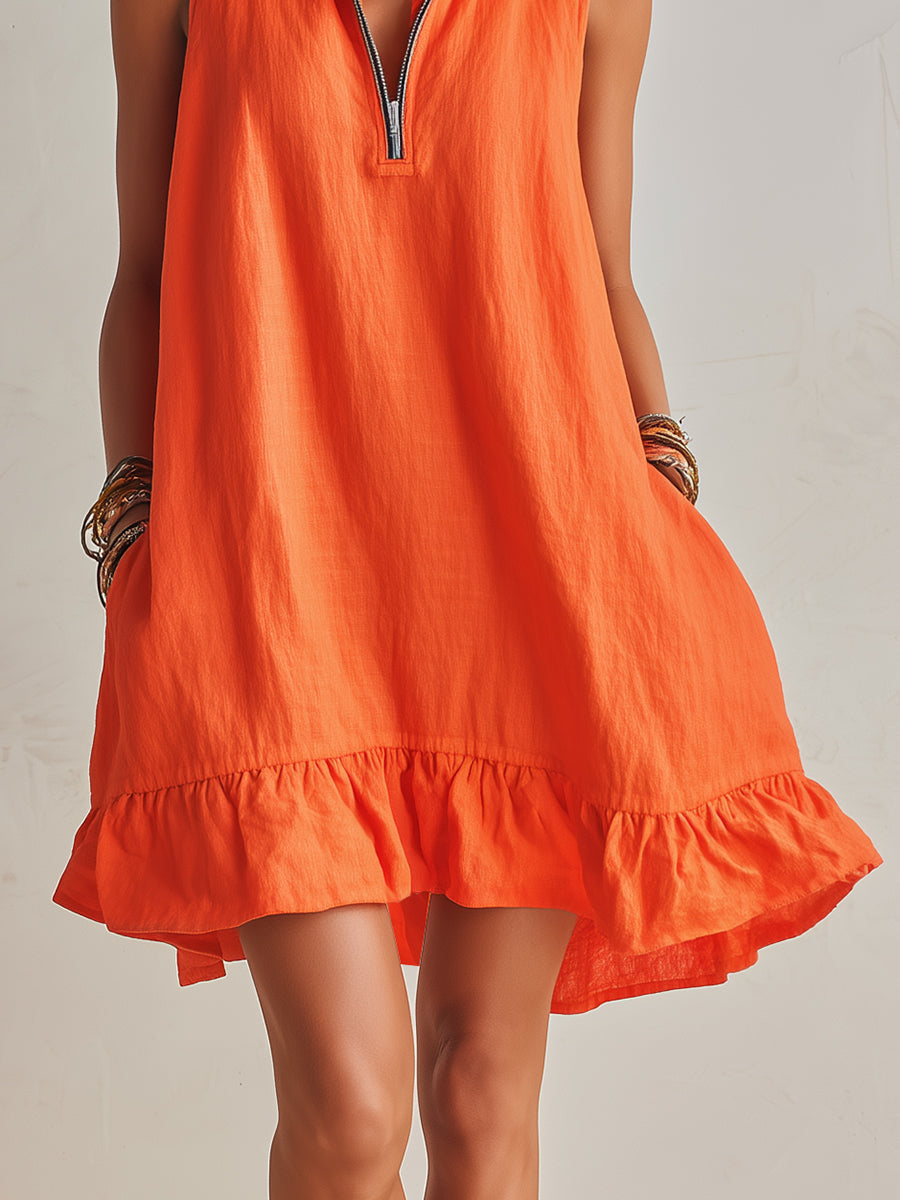 Women's Bright Orange Half-Zip Mini Dress with Ruffled Hem and Stand-Up Collar