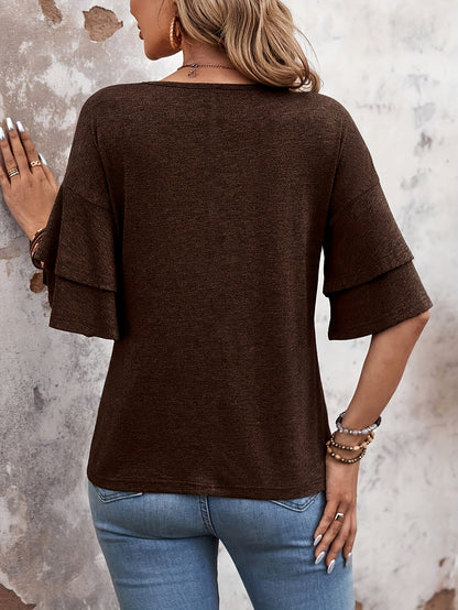 Hazel | Women's Relaxed Flare Sleeve V-Neck T-Shirt with Ruffle Detail