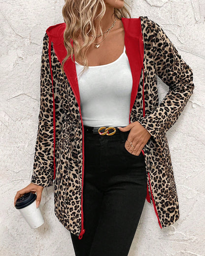 Women's Leopard Print Reversible Hooded Jacket with Drawstring