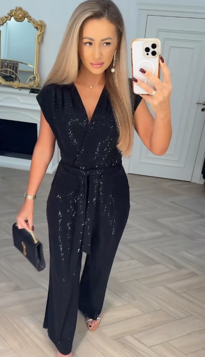 Women's Sequined Solid Colour Jumpsuit with Tie Detail