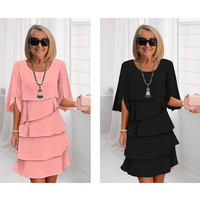 Chic Layered Midi Dress with Puff Sleeves for Women
