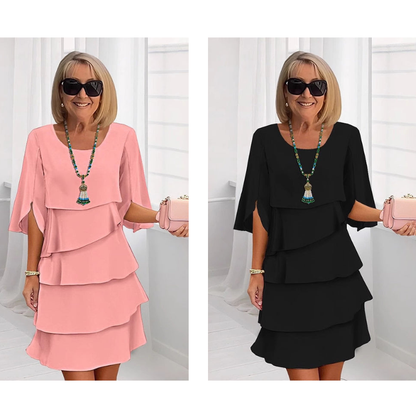 Chic Layered Midi Dress with Puff Sleeves for Women