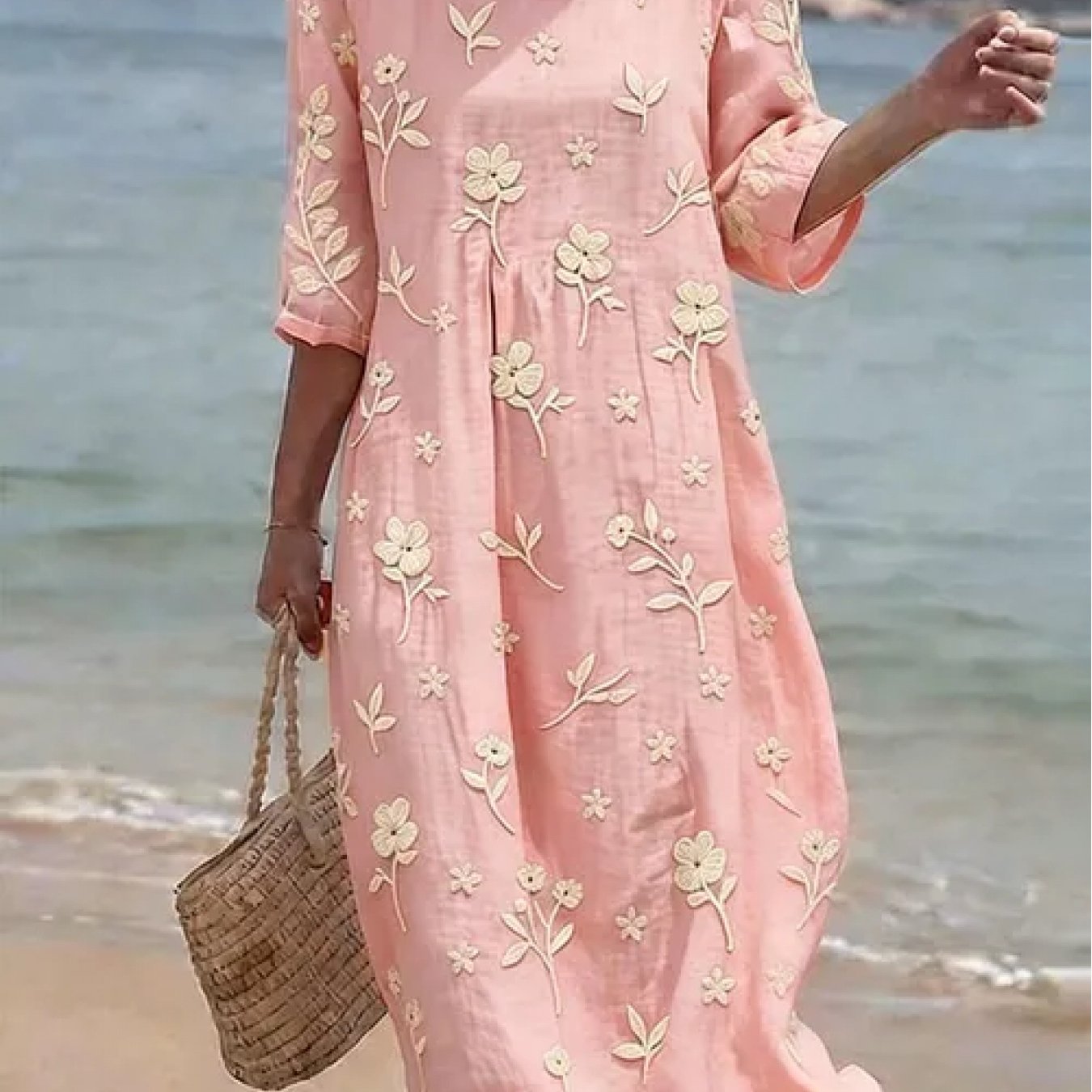 Vivian | Women's Embroidered Mid-Sleeve Midi Dress