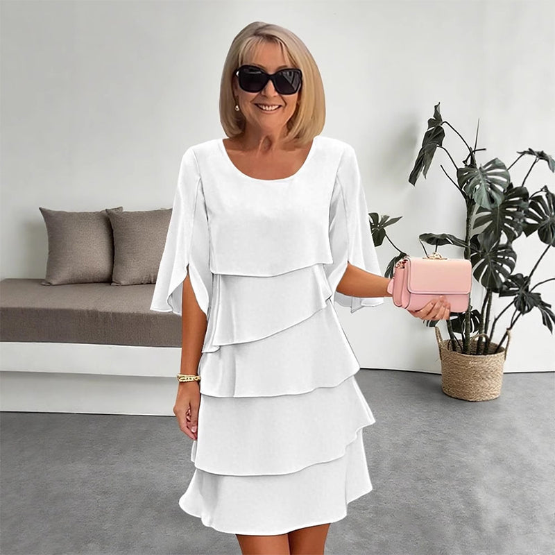 Chic Layered Midi Dress with Puff Sleeves for Women