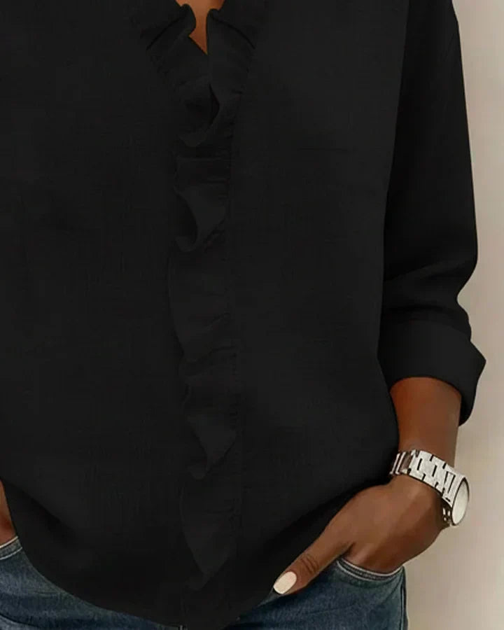 Indie | Women's Relaxed Ruffled V-Neck Blouse with Long Sleeves