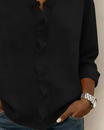 Indie | Women's Relaxed Ruffled V-Neck Blouse with Long Sleeves
