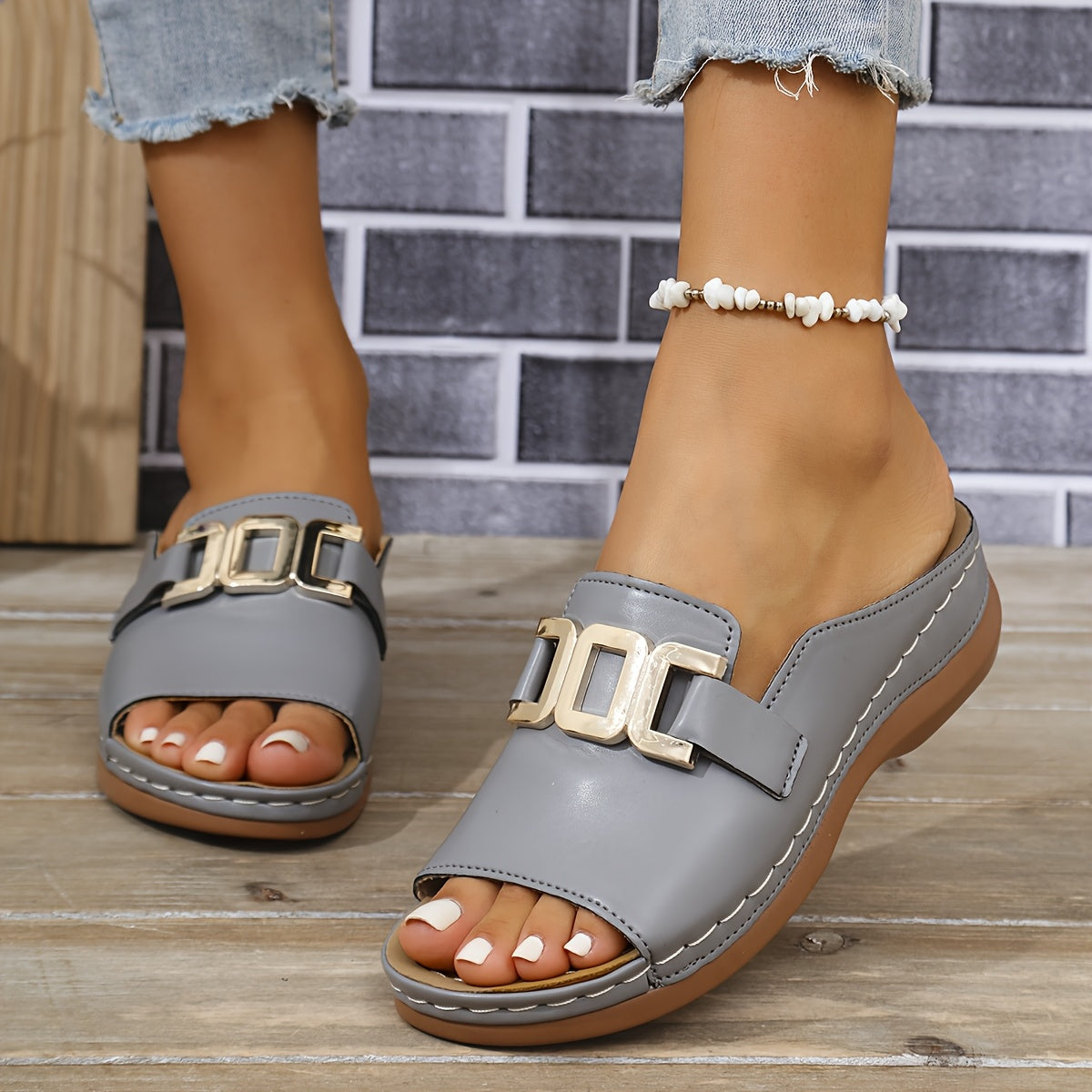 Women's Cushioned Open-Toe Kaia Gold Buckle Slide Sandals