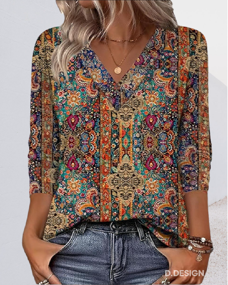 Emilia | Women's Retro Printed V-Neck Blouse