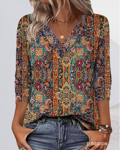 Women's Vintage-Inspired V-Neck Printed Blouse