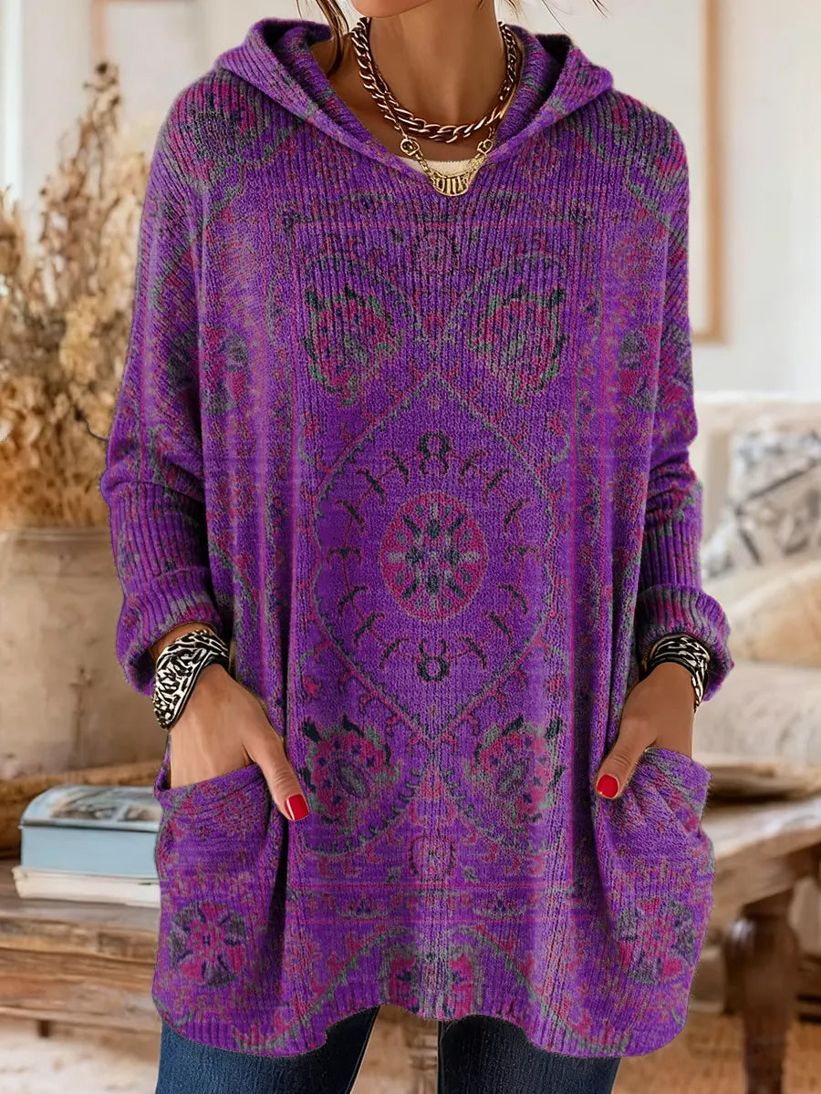 Women's Vintage-Inspired Hooded Tunic with Pockets and Ethnic Print