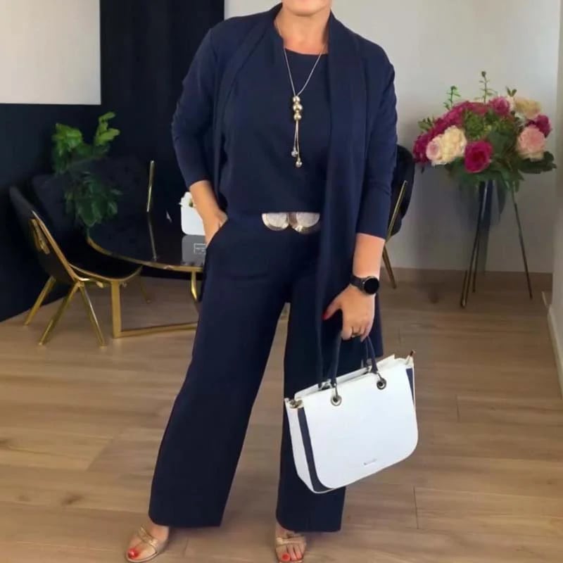Women's Chic 3-Piece Ensemble: Long Cardigan, Top, and Trousers