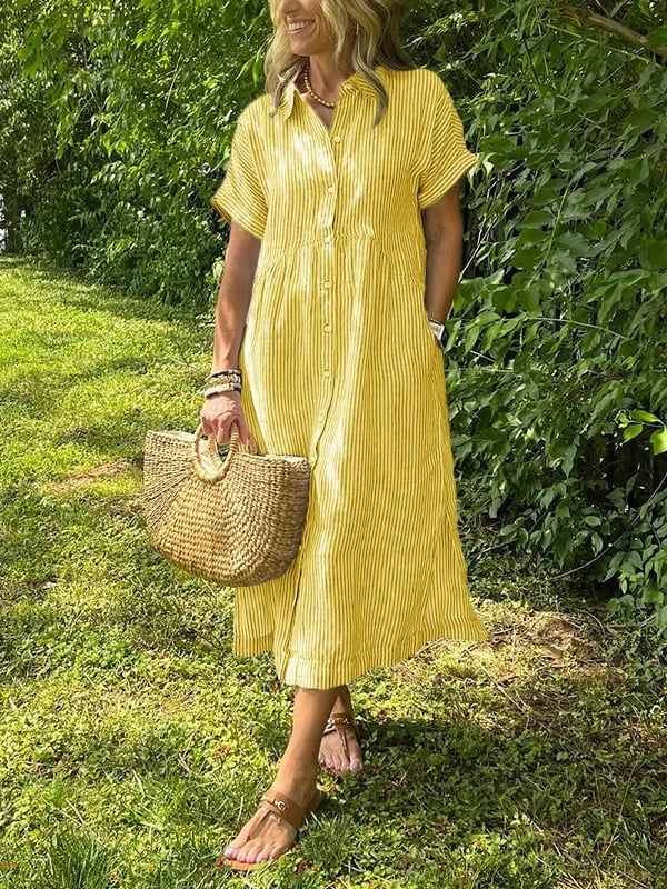 Gwen | Women's Striped Shirt Maxi Dress with Pockets