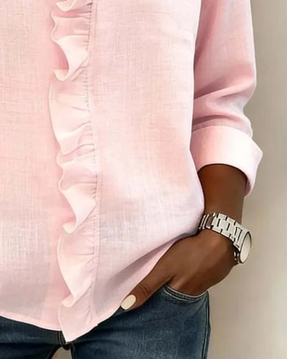 Indie | Women's Relaxed Ruffled V-Neck Blouse with Long Sleeves