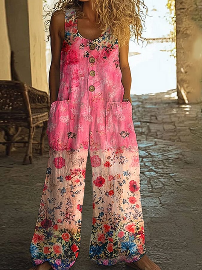 Hilary | Women's Relaxed Chic Vintage Loose Floral Jumpsuit with Pockets