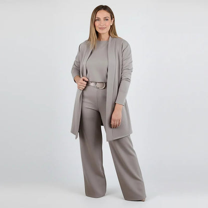Women's Chic 3-Piece Ensemble: Long Cardigan, Top, and Trousers