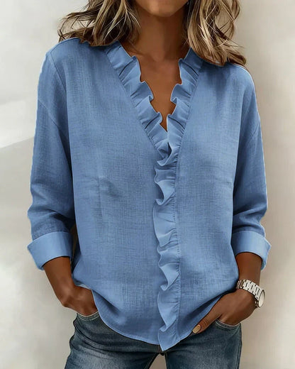 Indie | Women's Relaxed Ruffled V-Neck Blouse with Long Sleeves