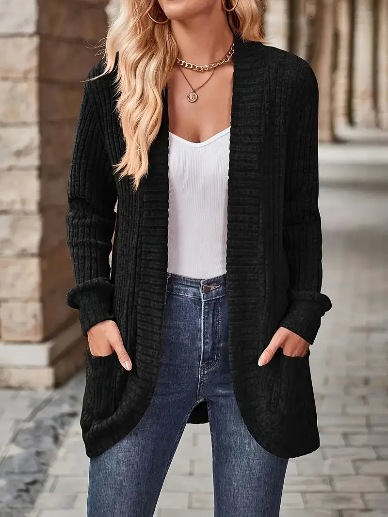 Neva | Women's Longline Elegant Ribbed Long Sleeve Cardigan