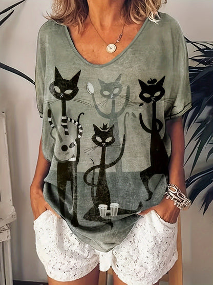 Sue | Women's Casual Cat Print T-Shirt with V-Neck and Short Sleeve