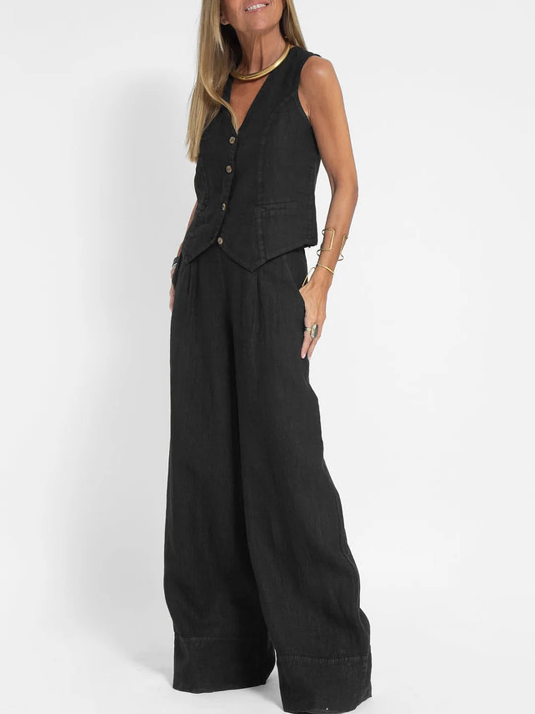 Aira | Women's Buttoned Vest & Wide-Leg Trousers Set