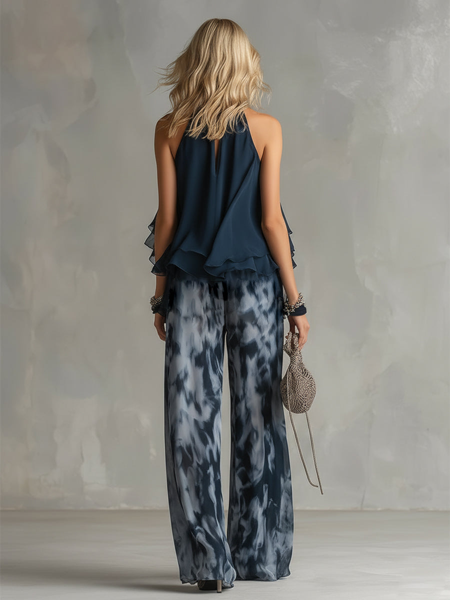 Ludovica | Women's Longline Chic Ensemble with High-Neck Blouse and Flowing Printed Trousers