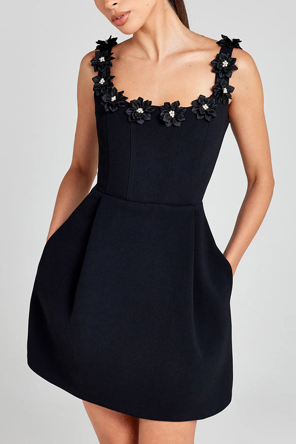 Cindy | Women's Feminine Mini Dress with Floral Applications and Pockets