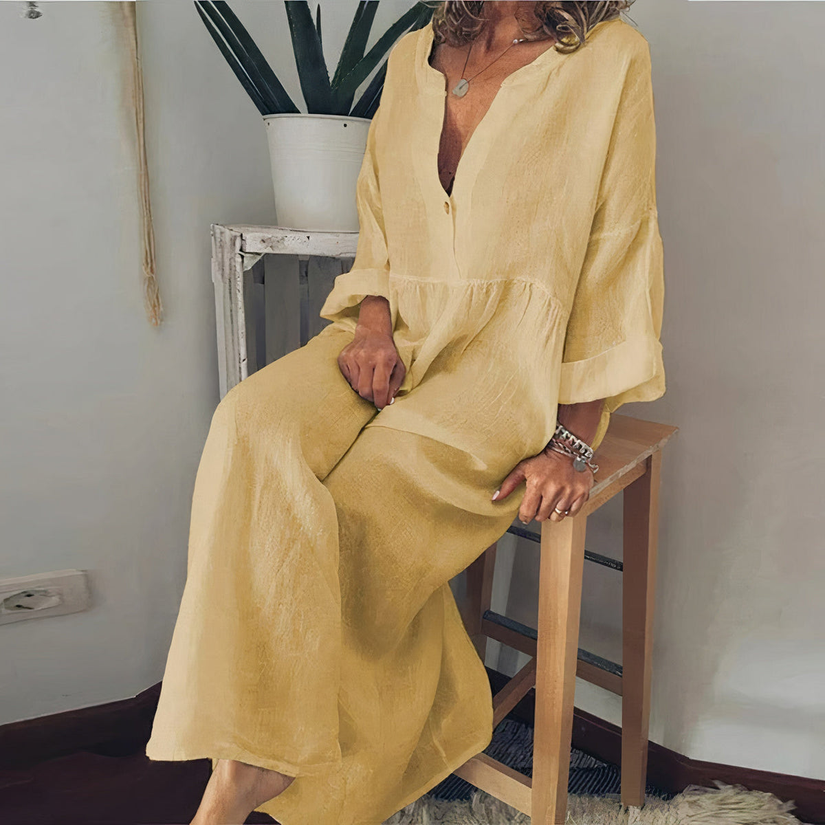Women's Chic Blouse-Style Maxi Dress with Long Sleeve