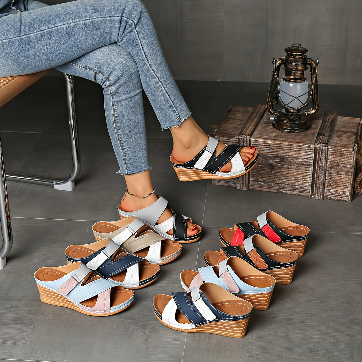Women's Orthopedic Open-Toe Marina Colourblock Wedge Slides, Comfortable Sandals