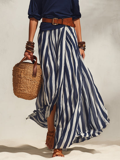 Women's Navy Blue Off-the-Shoulder Nautical Top with Striped Slit Skirt Set