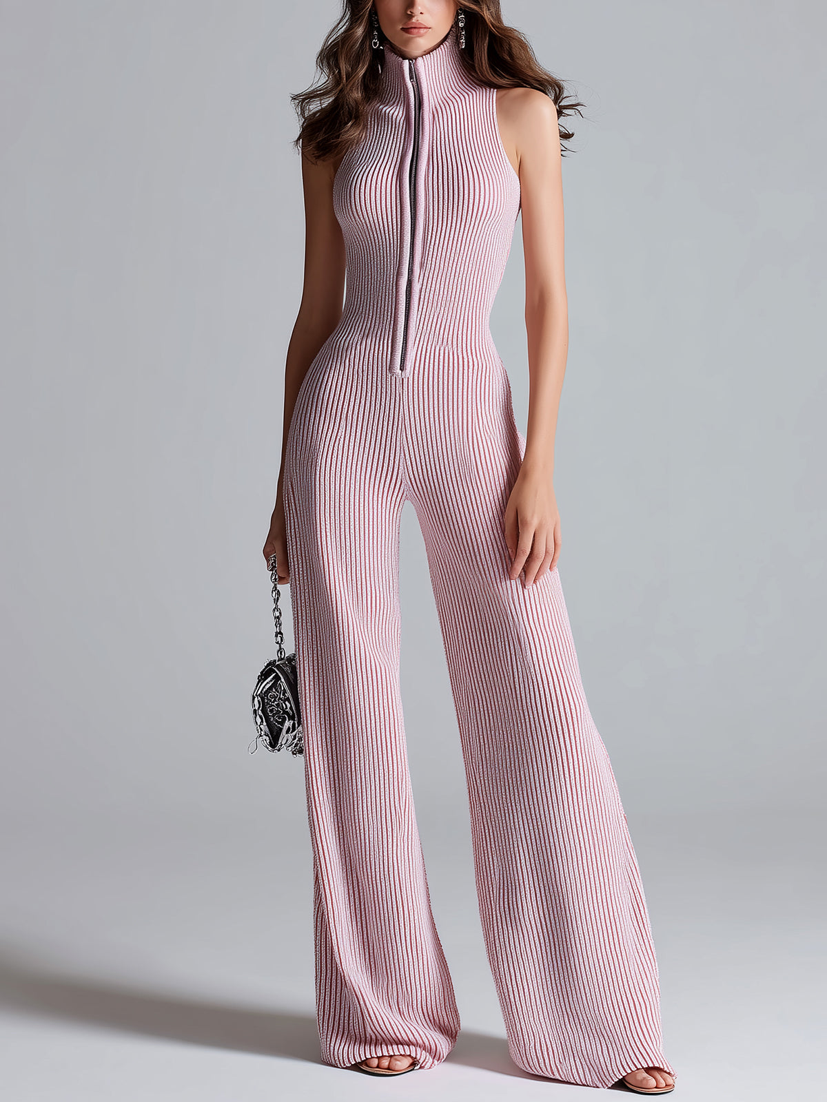 Women's ElevenOra Stylish Pink Sleeveless Jumpsuit with Stand Collar, Zipper Front, Tailored Waist, and Wide Leg Ribbed Design