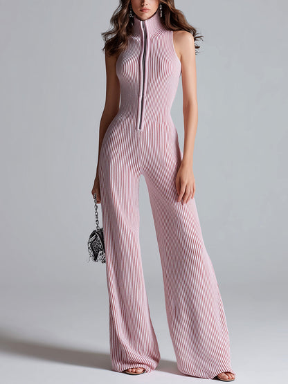 Women's ElevenOra Stylish Pink Sleeveless Jumpsuit with Stand Collar, Zipper Front, Tailored Waist, and Wide Leg Ribbed Design