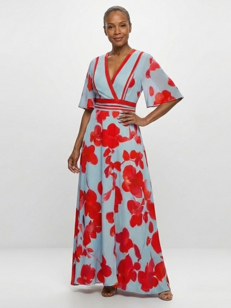 Corinne | Women's V Neck Short Sleeve Floral Maxi Dress